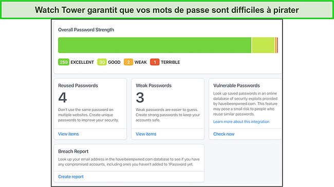 Capture d'écran de la Watchtower de 1Password détectant les mots de passe vulnérables.