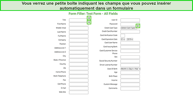 Capture d'écran d'un formulaire de test rempli automatiquement par la fonction de remplissage automatique de Roboform.