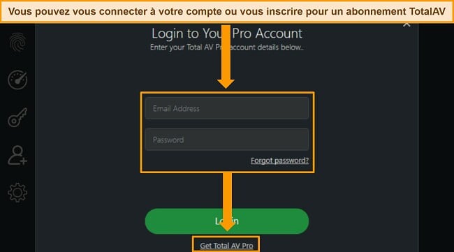 L'image montre la page d'accueil de TotalAV avec des informations sur l'utilisation, la connexion, les détails d'abonnement et la souscription
