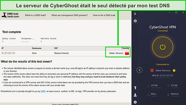 Capture d'écran d'un test DNS détectant une adresse IP au Maroc alors que CyberGhost s'y connecte à son serveur.