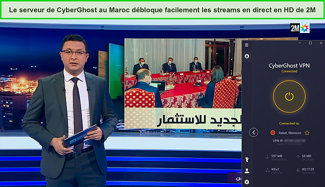 Capture d'écran d'une émission en direct de 2M alors que Cyberghost est connecté à un serveur au Maroc.