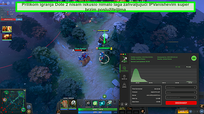 Snimka zaslona igre Dota 2 dok je IPVanish povezan.