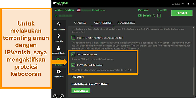 Cuplikan layar pengaturan koneksi IPVanish yang menunjukkan opsi untuk melindungi dari kebocoran DNS dan IPv6.