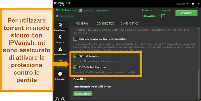 Screenshot delle impostazioni di connessione di IPVanish che mostrano le opzioni per la protezione da perdite DNS e IPv6.