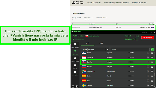 Screenshot di un test di tenuta DNS mentre IPVanish è connesso a un server in Slovacchia.
