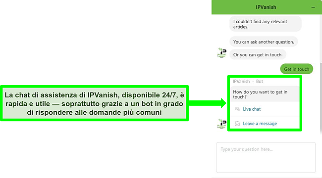 Screenshot di una chat con il bot di supporto 24 ore su 24, 7 giorni su 7 di IPVanish.