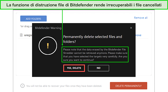 Screenshot della procedura guidata di distruzione dei file di Bitdefender.