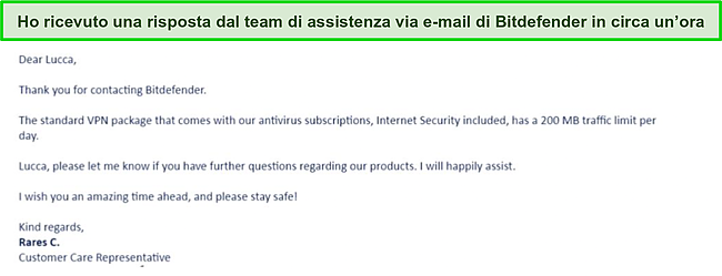 Screenshot dell'e-mail del team di supporto di Bitdefender.