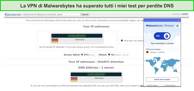 Screenshot del test di tenuta DNS di Malwarebytes.