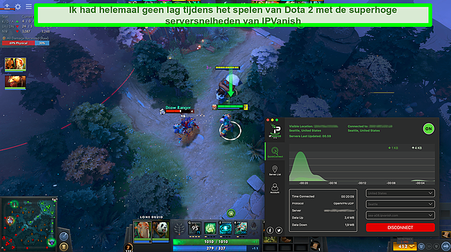 Screenshot van een spelletje Dota 2 terwijl IPVanish is aangesloten.