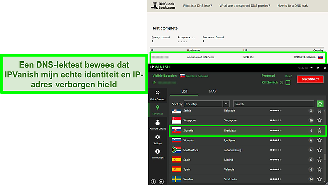 Screenshot van een DNS-lektest terwijl IPVanish is verbonden met een server in Slowakije.