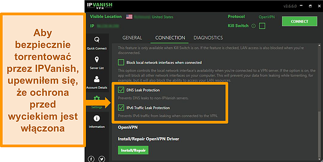 Zrzut ekranu ustawień połączenia IPVanish przedstawiający opcje ochrony przed wyciekami DNS i IPv6.