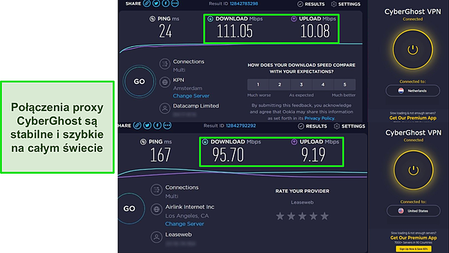 Zrzuty ekranu testów szybkości Ookla z rozszerzeniem CyberGhost Chrome podłączonym do serwerów w Holandii i USA.