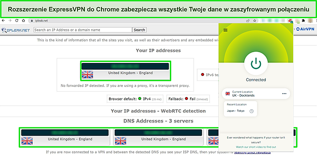 Zrzut ekranu rozszerzenia Chrome ExpressVPN podłączonego do serwera w Wielkiej Brytanii, z testem IPLeak.net pokazującym zero wycieków danych.