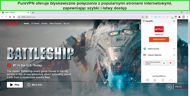 Zrzut ekranu rozszerzenia PureVPN Chrome pokazujący połączenie z serwerem Netflix US, z Netflix otwartym na karcie Chrome.