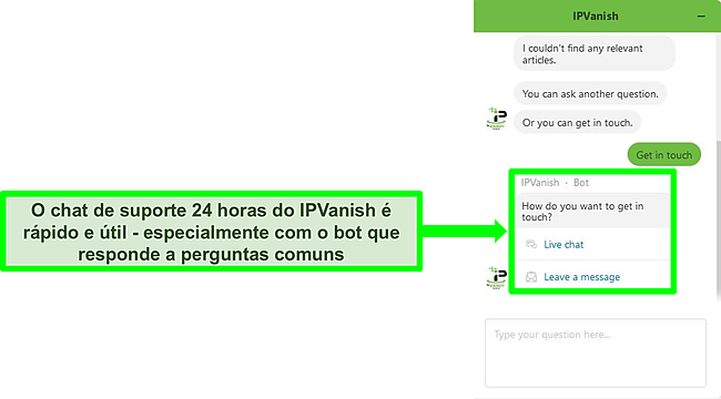 Captura de tela de um bate-papo com o bot de suporte 24 horas por dia, 7 dias por semana do IPVanish.