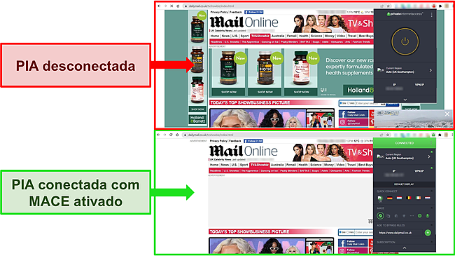 Capturas de tela do site do Mail Online com o PIA conectado e desconectado para mostrar o recurso de bloqueio de anúncios do MACE funcionando de forma eficaz.