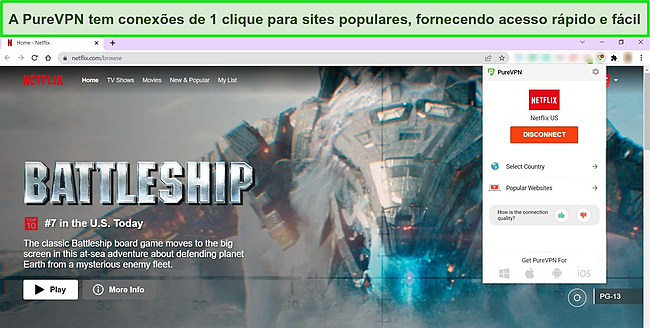Captura de tela da extensão PureVPN Chrome mostrando uma conexão com um servidor Netflix dos EUA, com a Netflix aberta em uma guia do Chrome.