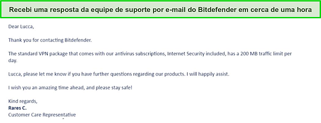Captura de tela do e-mail da equipe de suporte do Bitdefender.
