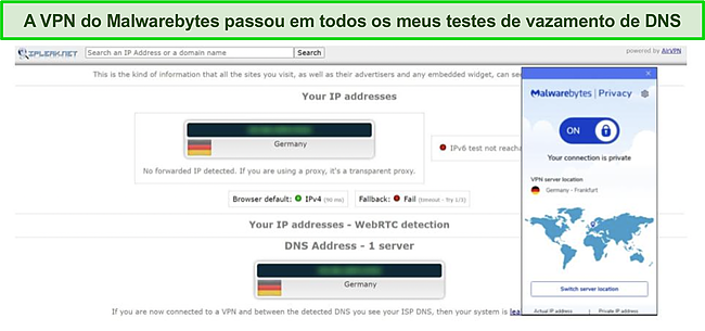 Captura de tela do teste de vazamento de DNS da Malwarebytes.