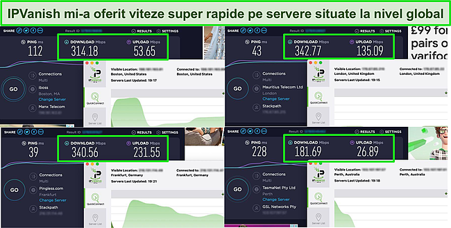 Captură de ecran a 4 teste de viteză în timp ce este conectat la diferite servere IPVanish.