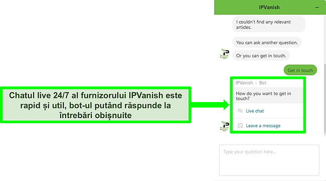 Captură de ecran a unui chat cu botul de asistență 24/7 al IPVanish.