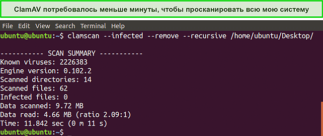 Скриншот быстрого CLI-сканера ClamAV.