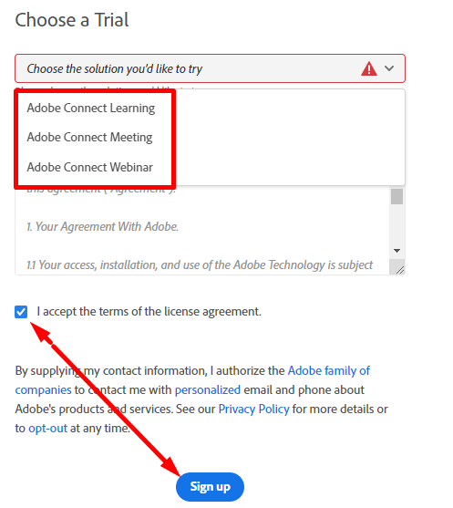 Inscreva-se para teste gratuito Adobe Copnnect