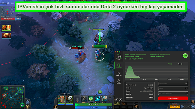 IPVanish bağlıyken Dota 2 oyununun ekran görüntüsü.