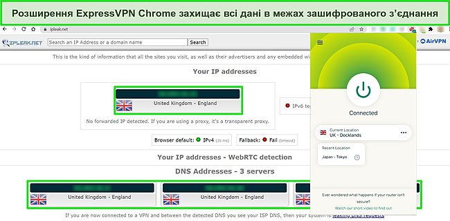 Знімок екрана розширення Chrome від ExpressVPN, підключеного до сервера Великобританії, з тестом IPLeak.net, який показує нульовий витік даних.