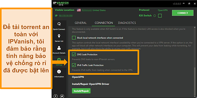 Ảnh chụp màn hình cài đặt kết nối của IPVanish hiển thị các tùy chọn để bảo vệ khỏi rò rỉ DNS và IPv6.