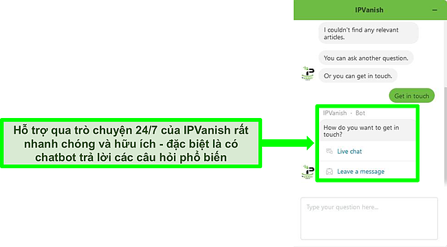 Ảnh chụp màn hình cuộc trò chuyện với bot hỗ trợ 24/7 của IPVanish.