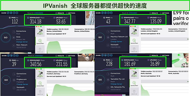 连接到各种 IPVanish 服务器时的 4 次速度测试的屏幕截图。