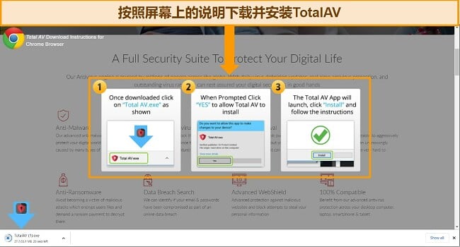 TotalAV网站的界面截图，显示了软件下载和安装的简易指南