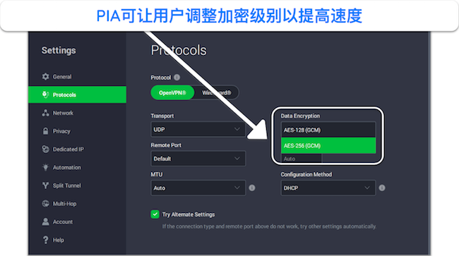 PIA Windows 界面上可自定义加密级别的屏幕截图