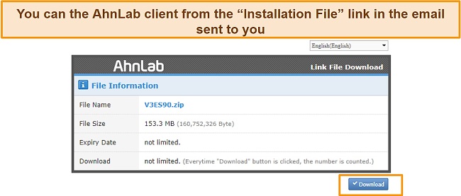 Screenshot of AhnLab's client download link