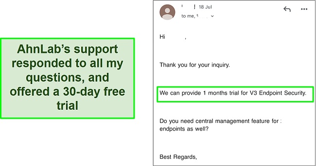 Screenshot of AhnLab email support response