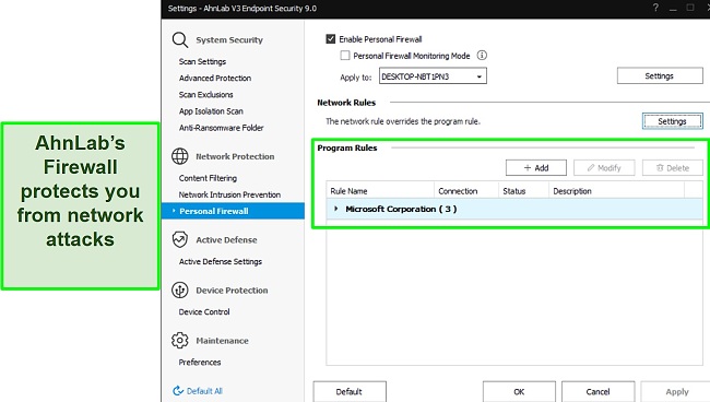 Screenshot of AhnLab Network Intrusion Prevention settings