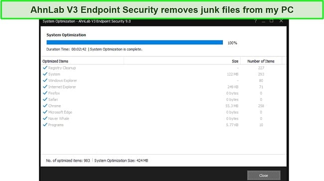 Screenshot of AhnLab system optimization results