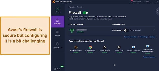Avast's firewall interface