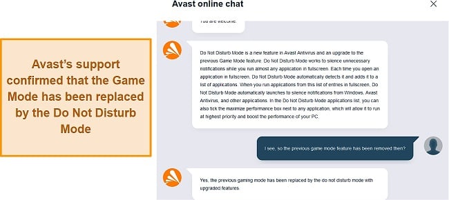 Conversation with Avast's live chat regarding its gaming mode