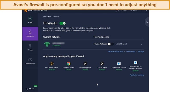 Screenshot of the Avast Firewall settings tab