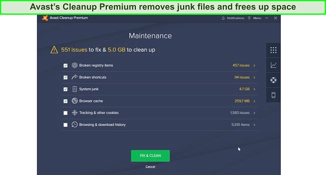 Screenshot of Avast Cleanup tool scan