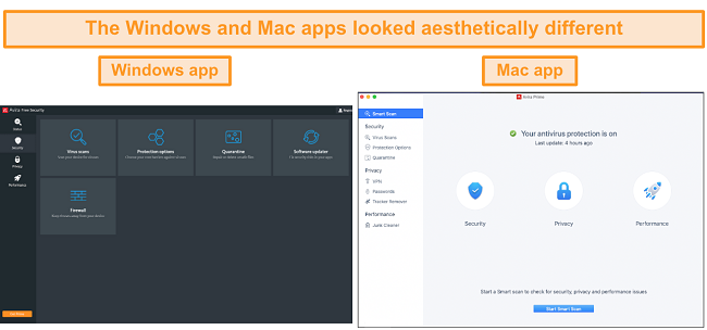 Screenshot of Avira's desktop app interface