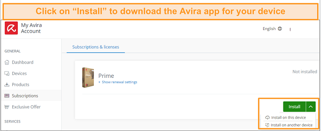 Screenshot of the Avira app download option on Avira's dashboard