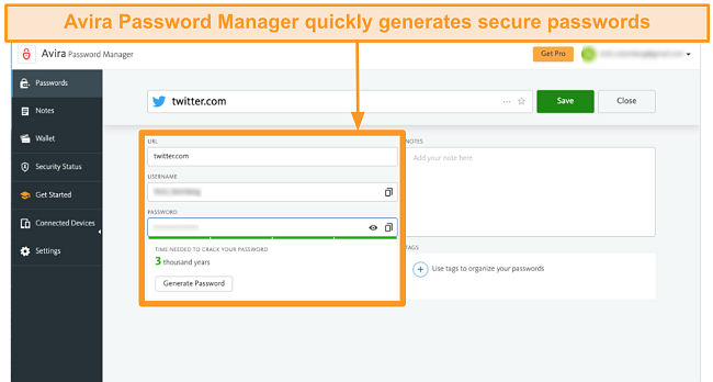 Screenshot of Avira's password generator
