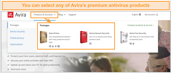 Screenshot of Avira premium plans