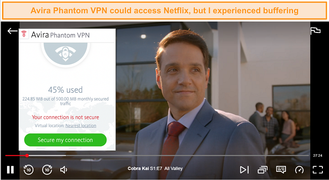 Screenshot of Avira Phantom VPN accessing Netflix