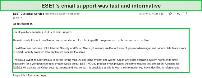 Screenshot of ESET's email support response