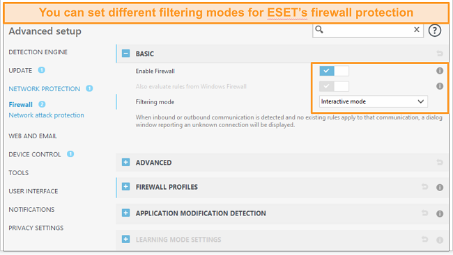 Screenshot of ESET's firewall settings tab